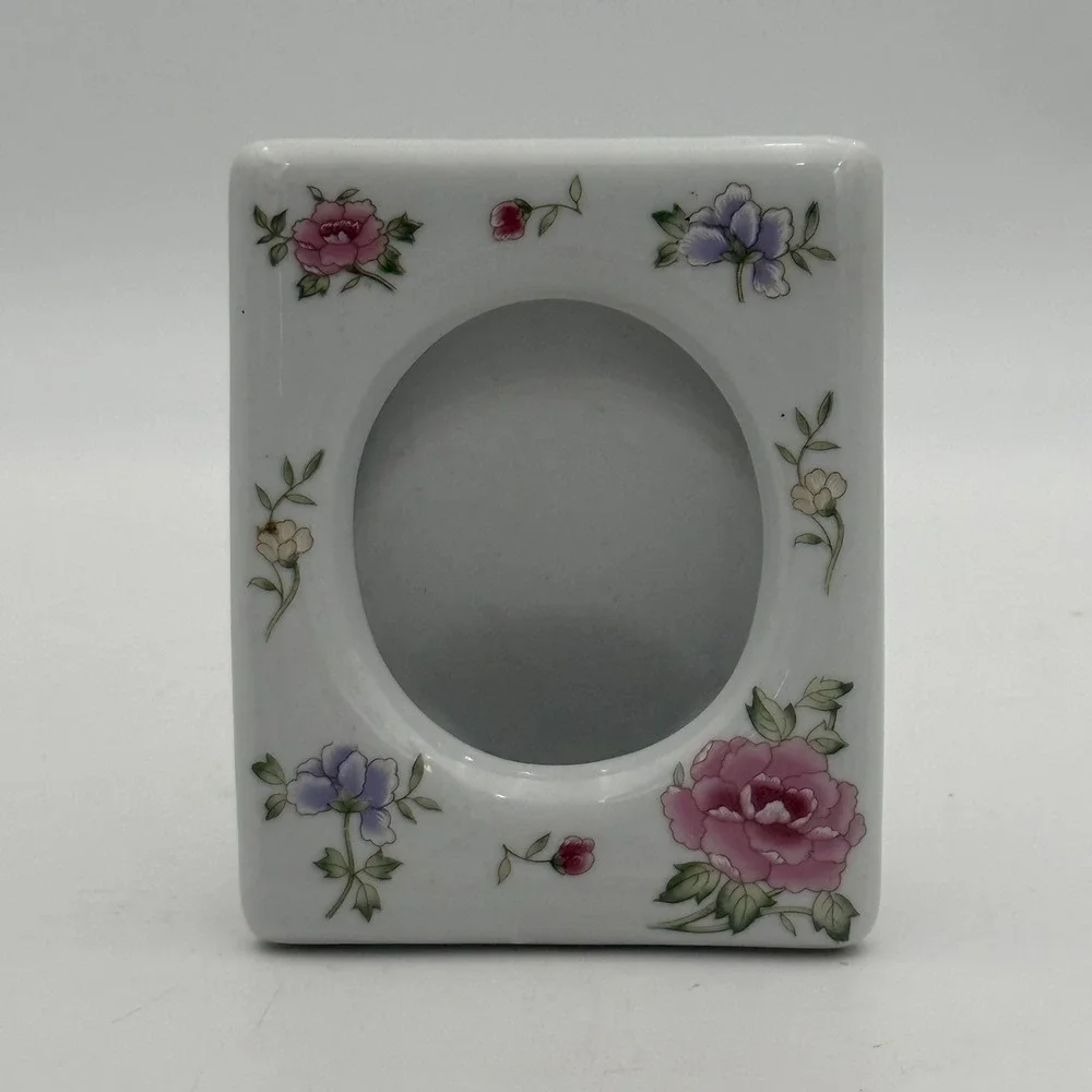Vintage Floral Ceramic Picture Frame White Porcelain Oval Photo Stand 5x4